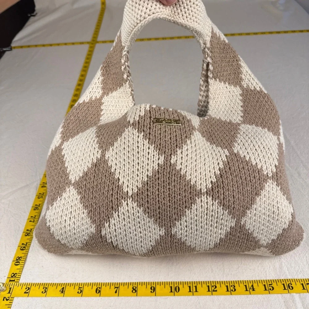 Kopari Tote Bag Women OS Tan Cream Boho Limited Edition Checkered Knit Diamond